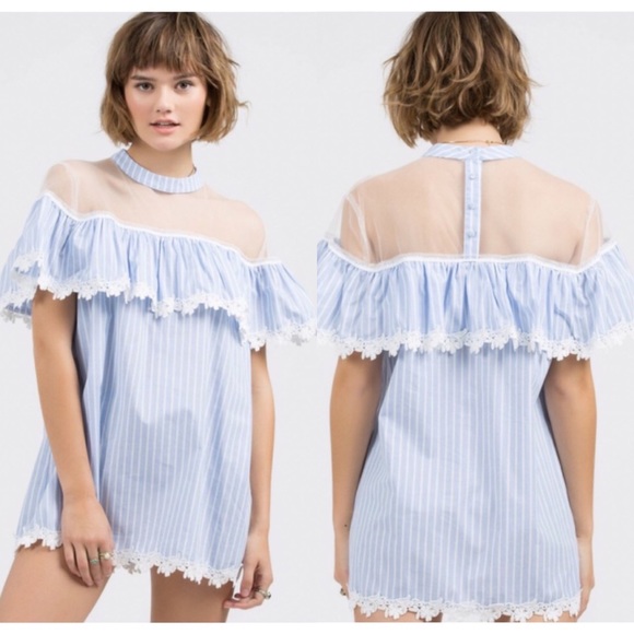 POL Tops - POL Blue White PinStripe Mesh & Lace Tunic Blouse
